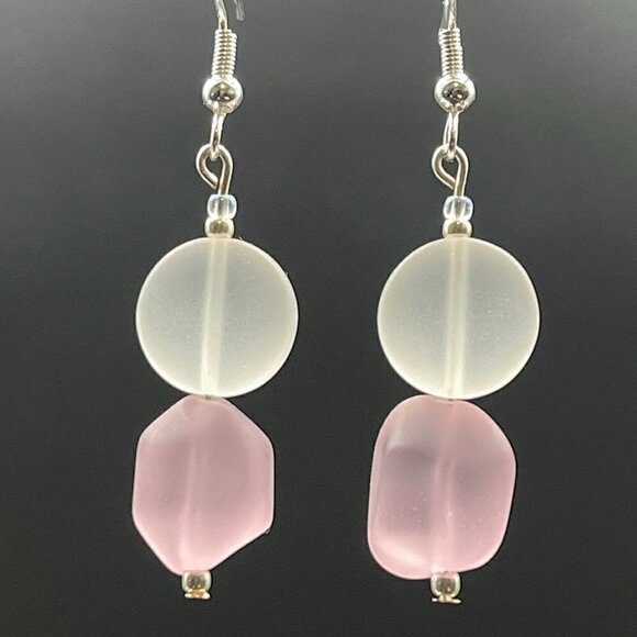 Sea Glass Earrings White and Pink Handmade - Picture 1 of 5